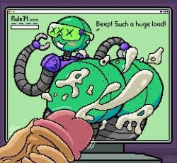 ambiguous_gender big_butt blush bodily_fluids butt computer cum cum_on_screen digital_media_(artwork) duo electronics english_text eyewear genital_fluids glasses green_body grey_arms grey_legs grey_neck huge_butt human humanoid machine mammal masturbation monitor pixel_(artwork) pixelated rivets robot robot_humanoid rule34.xxx screen smile spicyredacted tan_body tan_skin text tribute