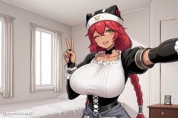 1girl ai_generated bed bedroom black_choker braid breasts bridal_gauntlets choker collarbone corset curtains dark-skinned_female dark_skin dress hair_between_eyes hat huge_breasts indoors long_hair looking_at_viewer lupusregina_beta one_eye_closed overlord_(maruyama) photo_(object) picture_frame puffy_short_sleeves puffy_sleeves red_hair selfie short_sleeves smile solo tan tongue tongue_out twin_braids underbust upper_body v window yellow_eyes