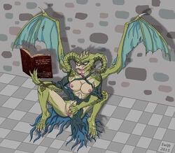 bat_wings breasts demon dragon_girl dungeons_and_dragons erylium fan_character horn masturbation nude pathfinder pussy quasit reading swift_(artist) wings