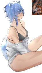 1girl 1girls 3am absurdres animal_ears bikini black_bikini blue_eyes blue_hair breasts eye_mask female highres looking_at_viewer mask medium_breasts photo-referenced raccoon_ears raccoon_girl raccoon_tail shirt short_hair sitting smile snuffy_(vtuber) solo swimsuit tail thighs tits virtual_youtuber vtuber wethoneybadger white_background white_shirt