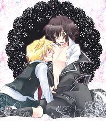 2boys black_hair blonde_hair blush embarrassed femboy gay gilbert_nightray girly hanamaru_(pixiv) licking looking_at_another nipple_licking open_shirt oz_vessalius pandora_hearts scar sitting sweatdrop tagme yaoi yellow_eyes