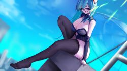 blue_hair eye_wear glasses hair_ornament highres indie_virtual_youtuber kuromikii_(vtuber) simple_background sitting umbrella virtual_youtuber ye_(pixiv83975537)