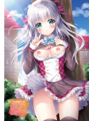 1girl beret blazer breasts cameltoe exposed_breasts frilled_skirt frills hair_ornament hair_ribbon hat highres kohinata_hoshimi long_hair medium_breasts nipples no_panties original school_uniform silver_hair skirt_lift tree white_hair