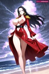 1girl ai_assisted ai_generated beach black_hair blue_eyes boa boa_hancock breasts breasts_out cloud cloudy_sky dress earrings epaulettes jewelry large_breasts lightning long_hair looking_at_viewer navel nipples no_bra no_panties ocean one_piece outdoors patreon pussy rain red_dress sky solo stelmazura water wet