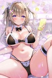 1girl animal_ears bathroom bathtub bikini bikini_bottom bikini_top blush breasts cameltoe cat_ears cleavage collar frilled_bikini frilled_collar frilled_straps frills gray_hair hair_ornament hair_ribbon highres large_breasts leaning_back long_hair lying lying_on_back maid maid_bikini maid_headdress miwa_uni original thigh_strap tied_hair twintails wet wet_body
