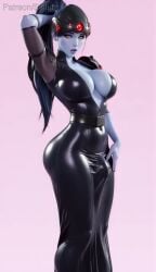 ai_generated arm_up artist_name belt blue_skin bodysuit bouncing_ass bouncing_breasts bouncing_penis breasts bulge center_opening cleavage closed_mouth colored_skin covered_navel covered_penis dancing dress earrings erection erection_under_clothes female futanari hair_pulled_back head-mounted_display jewelry large_breasts lips long_hair looking_at_viewer makeup nose overwatch patreon_username pauldrons pink_background plunging_neckline ponytail purple_hair purple_lips purple_skin shiny_clothes shoulder_armor simple_background skin_tight solo standing stud_earrings sylfuta tagme video web_address widowmaker yellow_eyes