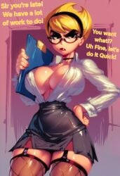 1girls ai_generated big_breasts black_eyes blonde_hair cartoon_network clothed clothing color female female_focus female_only fishnets gigiti glasses hi_res inner_sideboob large_breasts lipstick looking_at_viewer mandy_(billy_and_mandy) office office_clothing office_lady office_lady_outfit serious short_hair solo solo_female stockings the_grim_adventures_of_billy_and_mandy thick_thighs trogiai