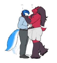 2021 accessory anthro athletic athletic_anthro athletic_male avian balls barely_contained barely_contained_penis beak big_balls big_penis bird black_body black_feathers black_hair blaziken blue_body blue_fur blue_hair bottomwear bulge canid canine clothed clothing detailed_bulge duo english_text feathers feet footwear fur furry_tail generation_3_pokemon genital_outline genitals hair hi_res hug huge_balls huge_penis long_hair male male/male mammal mark_(marvolk) marvolk necktie nintendo pants partially_clothed penis penis_outline penis_poking_out pokemon pokemon_(species) pubes red_feather shoes short signature spikes spikes_(anatomy) tail tail_motion tailwag talons text toes white_body white_fur