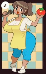 1girls apron blue_pants breasts brown_eyes brown_hair brunette busty busty_female clothed clothed_female clothing curvy dark-skinned_female dark_skin eighth_note female female_only food full_body hips holding holding_food holding_microphone holding_object huge_breasts human human_female jeans large_breasts looking_at_viewer mature_female microphone musical_note non-nude open_mouth pants pigeon-toed ponytail rhythm_heaven rhythm_heaven_groove shioinu_kemushi shirt shoes short_sleeves singing slim_waist smile smiling solo speech_bubble spoken_musical_note standing tied_hair tomato waist white_footwear white_shirt wide_hips yellow_apron