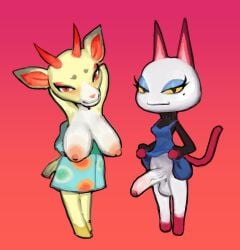 animal_crossing anthro balls barefoot bedroom_eyes big_breasts big_penis black_clothing black_shirt black_topwear blue_clothing blue_dress breasts clothed clothing clothing_lift deer domestic_cat dress dress_lift duo erection eyeshadow feet felid feline felis female flashing flashing_breasts flashing_penis genitals green_clothing green_dress gynomorph hands_behind_head hi_res horn iheartmaskmen intersex makeup mammal mole_under_eye narrowed_eyes nintendo no_underwear olivia_(animal_crossing) penis seductive shino_(animal_crossing) shirt simple_background smile tail topless topless_female topwear