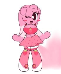 2d 2d_(artwork) bealmmaker big_breasts black_eyes blush breasts cute fart fart_cloud fart_fetish female female_focus female_only happy oc original_character pink_hair pink_skin posing posing_for_the_viewer red_dress skirt strawberry white_background wink winking_at_viewer