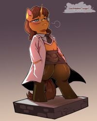 2026 4:5 accessory blue_eyes blush bottomwear brown_hair bulge clothed clothing coat cold-blooded-twilight crossdressing doctor_stable_(mlp) equid equine eyewear friendship_is_magic fur glasses hair hasbro hi_res horn lab_coat legwear male mammal my_little_pony mythological_creature mythological_equine mythology necktie pantyhose skirt solo tail topwear unicorn yellow_body yellow_fur
