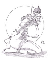 arms_behind_back ball_gag barbara_gordon batgirl batman_(series) bondage breasts crying dc exposed female female_only forced_exposure frogtie gag gagged human large_breasts michael_powell monochrome nipples ripped_clothes rope solo tear tears