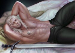 1boy bed chest_hair geralt_of_rivia hairy hairy_chest hairy_male hot_male in_bed male male_body male_focus male_only muscular muscular_male muscular_male_only no_visible_genitalia pinup pinup_pose sexy_male sexy_pose shirtless shirtless_male solo solo_focus solo_male sword the_witcher_(series) the_witcher_3:_wild_hunt torso_focus unbuttoned unbuttoned_pants ynorka