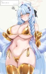 1girls alternate_costume areola_slip bikini blue_archive blue_hair blue_wings blush braid breasts brown_halo cameltoe closed_mouth collarbone cowboy_shot elbow_gloves fan_request feathered_wings gloves gold_bikini gold_gloves gold_thighhighs golden_bikini green_eyes grey_background halo hands_up hat highleg highleg_bikini highres huge_breasts large_areolae long_hair looking_at_viewer machismo_fuji micro_bikini mine_(blue_archive) multicolored_hair navel nurse_cap pink_hair pointy_ears satin satin_bikini sideboob simple_background skindentation solo squiggle stomach streaked_hair string_bikini swimsuit thighhighs translation_request twin_braids underboob very_long_hair wings