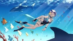 1girl air_bubble alluring artist_name bare_arms bare_legs big_breasts black_choker black_one-piece_bikini blue_cape blue_hair bracelet breasts bubble cape casual_one-piece_swimsuit choker cleavage coral cross-laced_clothes cross-laced_one-piece_bikini day diving diving_regulator female female_only fire_emblem fire_emblem:_three_houses fish flippers flower from_side full_body gloves hair_flower hair_ornament halterneck high_res intelligent_systems jewelry looking_at_viewer mango_(mgosketches) nintendo ocean official_alternate_costume one-piece_bikini outside oxygen_tank partially_fingerless_gloves purple_eyes scuba scuba_tank shamir_nevrand shamir_nevrand_(summer) shark short_hair solo submerged sunlight swimming swimsuit tropical_fish twitter_username underwater waist_cape water yellow_flower
