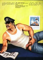 1984 1boy bara black_hair calendar_(object) english_text erection gay german_text jeans july_(month) light_skin male male_only moustache muscular nipples_visible_through_clothing original penis pubic_hair simple_background solo swedish_text tagme tank_top text tight_clothing tom_of_finland traditional_media white_tank_top yaoi yellow_background