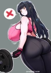 ass_focus back_view barbell black_hair breasts breasts_bigger_than_head butt exercise_clothing gavianart gym gym_clothes huge_ass huge_breasts lifting_weights original_character sports_bra thick_ass thick_thighs tight_clothes tight_clothing underwear_outline voluptuous voluptuous_female weights yellow_eyes yoga_pants