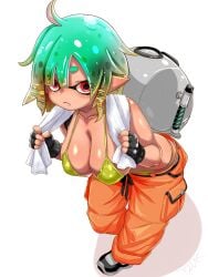 1girl ahoge aqua_hair arms_up bikini black_gloves black_shoes blonde_hair breasts cleavage closed_mouth collarbone commentary fang female female_only fingerless_gloves full_body gloves gold_bikini gradient_hair hanging_breasts highres holding holding_towel inkling large_breasts leaning_forward looking_at_viewer loose_pants mechanic_(splatoon_raiders) multicolored_hair navel nintendo orange_pants pants pointy_ears red_eyes satin satin_bikini shoes short_eyebrows simple_background solo splatoon_(series) splatoon_raiders stomach swimsuit t2ukmyjm tentacle_hair thick_eyebrows towel towel_around_neck white_background