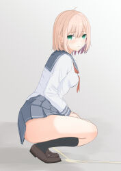 1girl ahoge aqua_eyes bare_legs black_socks blush bob_cut breasts brown_shoes choppy_bangs closed_mouth commentary_request female female_only from_side grey_hair grey_sailor_collar grey_skirt highres keisuke309 kneehighs loafers long_sleeves looking_at_viewer looking_to_the_side medium_breasts neckerchief original pee pee_puddle peeing pink_hair pleated_skirt red_neckerchief sailor_collar school_uniform serafuku shirt shoes short_hair skirt socks solo squatting thighs turning_head white_shirt