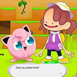 2girls brown_hair clothed clothing dialogue ditto ditto_(pokemon) ditto_(pokemon_pokopia) ditto_copied_person duo english_text female female_only hat head_tuft humanoid jigglypuff light_skin ota_(artist) pink_body pink_ears pink_hair pokemon pokemon_(species) pokemon_pokopia pokopia text text_box waddling_head