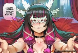 columbina_(genshin_impact) completely nude black_hair choker eye_mask 1girl black_choker furniture wings two-tone_hair text breasts patreon_username <3 head_wings hair outstretched_arms pink_hair solo white_body multicolored_hair female english_text smile long_hair fingers speech_bubble fur dialogue closed_eyes sweat eyes_closed patreon_logo ai_generated amadeus_v comic genshin_impact futanari 1futa futa_on_female lumine_(genshin_impact) tagme