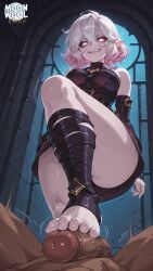 ai_generated ai_assisted breasts uncensored thick_thighs thighs thick_ass curvy curvy_female curvy_body moonwool_branch short_hair medium_breasts white_hair white_eyes red_sclera pale_skin bare_shoulders sharp_teeth pointy_ears briar_(league_of_legends) league_of_legends barefoot feet toes foot_focus foot_fetish footjob dark-skinned_male smile smiling pov male_pov standing standing_on_one_leg
