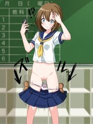 !? 1boy 1girl absurdres assisted_exposure bar_censor blue_eyes blue_sailor_collar blue_skirt blurry blurry_background blush brown_hair cellphone censored chalkboard cleft_of_venus closed_mouth clothes_pull commentary_request crop_top disembodied_hand double-parted_bangs feet_out_of_frame forced_exposure front-print_panties frown hands_up hetero highres holding holding_phone humiliation miniskirt motion_lines navel neckerchief original panties pantsing panty_pull phone pink_panties pleated_skirt print_panties pussy rpca sailor_collar school_uniform serafuku shirt short_hair short_sleeves skirt skirt_pull smartphone solo_focus sound_effects split_mouth standing summer_uniform underwear variant_set white_shirt yellow_neckerchief