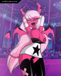 1girls verosika_mayday_(helluva_boss) helluva_boss doc.b bimbo demon demon_girl demon_horns demon_tail tail horns demon_wings wings pink_skin pink_body white_hair hair long_hair yellow_sclera pink_eyes open_mouth big_breasts breasts wide_hips hips thick_thighs thighs solo solo_female female female_only alternate_version_available white_gloves gloves armwear elbow_gloves arms_behind_head bouncing_breasts motion_lines white_dress dress short_dress panties black_panties black_thighhighs thighhighs legwear one_eye_closed wink winking breasts_out exposed_breasts nipples areolae pink_nipples pink_areola wardrobe_malfunction