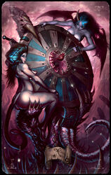 2girls black_hair blue_hair chest demon james_tyler monster nude succubus tagme tarot tarot_card tarot_deck wheel_of_fortune_(tarot)