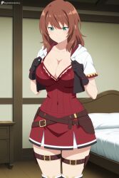1girl ai_generated arifureta_shokugyou_de_sekai_saikyou bed belt black_gloves blush boots breasts brown_hair cleavage closed_mouth collarbone covered_navel cropped_jacket digitalwaifugallery dress female female_only gloves green_eyes hi_res high_quality high_resolution indoors jacket large_breasts long_hair medium_hair patreon red_dress seductive sexy short_sleeves solo sonobe_yuka standing thigh_boots thigh_strap thighhighs thighs uncensored watermark