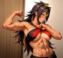genshin_impact dehya_(genshin_impact) 1girl solo muscular_female abs biceps toned cleavage clothes_lift looking at viewer female female_only large_breasts long_hair ai_generated posing