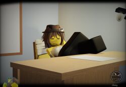 1girls 3d bandaged_arm bandaged_breasts breasts chairman_(the_battle_bricks) clothing fedora female female_only legs_on_desk reference_image roblox roblox_game robloxian rule_63 serious_look tagme tbbfanatic the_battle_bricks thighs yellow_body