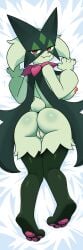 1:3 2026 3_toes 4_fingers :3 absurd_res anthro areola arm_tuft artist_name bedding bedding_background bedroom_eyes big_breasts breasts butt claws cute_fangs dakimakura dakimakura_design digital_media_(artwork) elbow_tuft eyelashes fangs feet female female_anthro finger_claws fingers flower_(anatomy) fur generation_9_pokemon genitals green_body green_fur half-closed_eyes hi_res leg_tuft looking_at_viewer looking_back looking_back_at_viewer lying meowscarada mynokis5 narrowed_eyes nintendo nipples nude nude_anthro nude_female on_front pawpads pink_areola pink_eyes pink_nipples pink_nose pink_pawpads pink_vulva pokemon pokemon_(species) pupils rear_view scut_tail seductive short_tail shoulder_tuft side_boob signature slit_pupils smile smiling_at_viewer solo tail teeth text thigh_gap thigh_tuft toes tuft vulva white_bedding