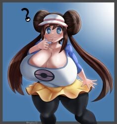rosa_(pokemon) pokemon game_freak pokemon_bw2 solo solo_female solo_focus huge_breasts large_breasts big_breasts cleavage fully_clothed hair_buns visor_cap brown_hair blue_eyes leggings short_skirt simple_background highres absurd_res omegabean twintails long_hair unown unown_? :3 tight_clothing large_thighs thick_thighs tight_shirt 1girls solo_girl stretched_clothing stretched_shirt large_cleavage