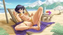 1girl absurd_res alluring anander0 anklet apple ass athletic_female bare_arms bare_legs barefoot beach beach_towel beach_umbrella bikini bikini_pull black_hair blue_sky blush bracelet breasts_apart cameltoe clothes_pull cloud commission commissioner_upload covered_erect_nipples cup day drink drinking_straw feet female_abs fire_emblem fire_emblem:_genealogy_of_the_holy_war fit_female food fruit gold_bikini golden_week grapes high_res horizon ice ice_cube intelligent_systems jewelry larcei_(fire_emblem) legs looking_at_viewer lying medium_breasts mountain navel nintendo ocean on_back outside purple_eyes sand shiny_swimsuit short_hair sideboob sidelocks sky smile spread_legs stomach strap_lift string_bikini sweat swimsuit teasing thighlet thighs tomboy toned toned_female towel tray umbrella under_boob water wet