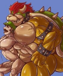 2boys anal arkhandvan blue_background bowser gay interspecies luigi male male_only mario_(series) multiple_boys nipples nude penis sex simple_background stomach_bulge yaoi