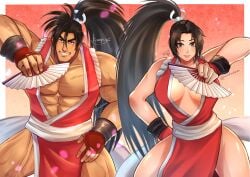 1boy 1girls abs absurd_res artist_name artist_signature bangs bare_breasts beard_stubble beefy biceps big_areola big_breasts blush breasts broad_shoulders brown_eyes brown_hair collarbone costume_switch crossover daddy dilf fatal_fury female flower_petals folding_fan gauntlets gloves gradient_background grin hand_fan hand_on_leg haohmaru haoumaru hi_res holding_object hunk japanese_clothes kimono king_of_fighters legs_apart light-skinned_female long_hair looking_at_viewer mai_shiranui mai_shiranui_(cosplay) male manly mature_male mofnyan moobs muscles muscular muscular_arms muscular_legs muscular_male muscular_neck muscular_thighs no_body_hair no_visible_genitalia oppai pecs pelvic_curtain ponytail quadriceps revealing_clothes rolled_up_sleeves samurai_shodown six_pack skimpy skin_tone_difference snk standing thick_eyebrows tied_hair tough_guy veiny_arms very_high_resolution very_long_hair white_border