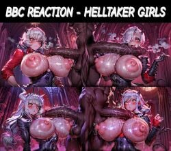 helltaker 4girls 4boys 4females 4males multiple_girls multiple_boys multiple_females multiple_males light_skin light-skinned_female dark_skin dark-skinned_male malina_(helltaker) zdrada_(helltaker) lucifer_(helltaker) modeus_(helltaker) huge_breasts huge_nipples huge_areolae nipples erect_nipples narrow_waist breasts_bigger_than_head huge_cock veiny_penis penis penis_on_breast precum excessive_precum blush horny_female blushing_female looking_at_penis penis_awe big_penis_adoration demon demon_girl demon_horns horns sweat heart_symbol heart-shaped_pupils breasts_out before_sex smoking cigarette cigarette_in_hand indoors indoor_nudity nude nude_male nude_female practically_nude frown mouth_open tongue_out precum_drip precum_on_breasts multiple_images text ai_generated tail demon_tail