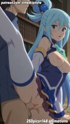 ai_generated animated anime anime_character anime_coloring anime_girl anime_screencap anime_style aqua_(konosuba) blue_eyes blue_hair blush breasts breasts_bounce breasts_out konosuba library looking_at_viewer medium_breasts nipples one_leg_up patreon sex shy standing standing_on_one_leg standing_sex tagme timeskipnsfw uncensored video