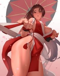 1girl absurdres bare_legs big_breasts blush blush_lines blushing breasts capcom cleavage commentary fan fatal_fury folded_fan folding_fan hair_up hand_fan high_ponytail highres holding holding_fan holding_umbrella huge_breasts ibouki king_of_fighters legs_together looking_at_viewer mai_shiranui motoyui ninja no_bra oil-paper_umbrella open_mouth parted_bangs pelvic_curtain pointing pointing_at_viewer ponytail revealing_clothes sash shiranui_mai sideboob snk solo street_fighter street_fighter_6 thick_thighs thighs thin_waist umbrella wide_hips