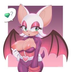 4_fingers anthro areola bat bat_wings belt belt_pouch big_breasts black_nose bodily_fluids bodysuit breasts clothed clothing emerald_(gem) exposed_breasts eyelashes eyeshadow female female_only fingers fur gem gloves green_eyes handwear hi_res looking_at_viewer makeup mammal membrane_(anatomy) membranous_wings negieggy nipples open_mouth pictographics question_mark rouge_the_bat rouge_the_bat_(heroes) sega signature skinsuit solo sonic_the_hedgehog_(series) speech_bubble standing sweat tan_body tan_skin tight_clothing white_body white_fur wings