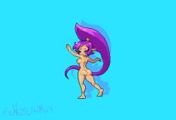 1girls animated ass barefoot big_breasts bikini blue_eyes breasts completely_nude completely_nude_female dark_skin earrings female female_only fire full_body gold_jewelry grin hair_cuff headband long_hair magic naked naked_female navel noscium nude nude_female pasties pixel_art pointy_ears ponytail purple_hair pussy shantae shantae_(character) smile solo solo_female tagme wet wide_hips