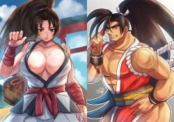 1boy 1girls 2021 abs absurd_res bandaged_arm bangs bare_breasts beard_stubble beefy belt biceps bracelet breasts breasts_bigger_than_head brown_eyes brown_hair collarbone costume_switch crossover daddy dated dilf fatal_fury female grin hand_fan hand_on_waist haohmaru haoumaru hi_res holding_object hunk japanese_clothes king_of_fighters light-skinned_female long_hair looking_at_viewer mai_shiranui male male_breasts manly mature_female mature_male merged mofnyan moobs muscles muscular muscular_arms muscular_legs muscular_male muscular_neck muscular_thighs no_nipples oppai pecs pelvic_curtain ponytail revealing_clothes rolled_up_sleeves sake_bottle samurai_shodown shimenawa skin_tone_difference smile snk standing thick_eyebrows tied_hair torii tough_guy very_high_resolution very_long_hair