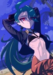beach clothed clothing elite_four frankgallaxx green_hair micro_bikini midriff navel paid_reward_available pokemon pokemon_sv pokemon_trainer red_eyes rika_(pokemon) shade shaded_face shirt solo solo_female solo_focus suit tight_clothing