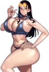 1girl bikini bikini_top_pull black_bikini black_hair blue_eyes blush breasts cleavage closed_mouth clothes_pull curvy eyewear_on_head female female_only highres huge_breasts kelvin_hiu long_hair looking_at_viewer navel nico_robin one_piece orange-tinted_eyewear pulling_own_clothes simple_background smile solo standing strap_pull sunglasses swimsuit thick_thighs thighs tinted_eyewear
