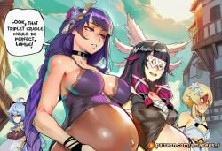 1futa 4girls ahoge ai_generated amadeus_v bare_shoulders big_belly black_hair blonde_hair blue_hair bovid braid breasts choker cleavage clothed clothing comic dialogue english_text eye_mask female flower futa_on_female futanari genshin_impact group hair hair_flower hair_ornament horn horned_humanoid horns large_breasts long_hair lumine_(genshin_impact) mask mihoyo mole mole_under_eye multicolored_hair multiple_girls multiple_pregnancies not_furry_focus open_mouth outdoors patreon_logo patreon_username pregnant purple_eyes purple_hair shaded_face smile speech_bubble tagme text