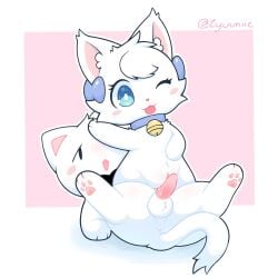 1:1 2026 anus artist_name balls bell bell_collar blep blue_eyes bow_on_head bow_tie cat_tail cel_shading chibi clitoral_hood collar digital_drawing_(artwork) digital_media_(artwork) domestic_cat duo ear_tuft felid feline felis female female_feral female_on_feral female_on_top feral feral_on_feral front_view fur fur_tuft fuwi_(zyuuniie) genitals head_tuft hi_res imminent_sex intraspecies looking_at_another looking_at_partner looking_at_viewer lying male male/female male_feral male_on_bottom male_on_feral mammal on_back on_bottom on_top one_eye_closed outline paws penis pink_background pussyjob quadruped sex shaded simple_background tapering_penis text tongue tongue_out tuft vulva white_background white_body white_fur white_outline wink zyuuniie