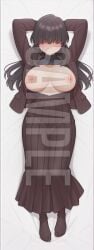 ai_generated tagme watermark hi_res highres high_resolution patreon sleeplessnighty kakure_meme 100_kanojo the_100_girlfriends_who_really_really_really_really_really_love_you kimi_no_koto_ga_dai_dai_dai_dai_daisuki_na_100-nin_no_kanojo black_hair hair_over_eyes 1girls blush embarrassed lying lying_on_back solo solo_focus female full_body dakimakura breasts nipples large_breasts clothing clothed