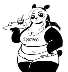 1female 2026 anaugi anthro background_character bear beverage black_and_white booty_shorts chubby clothed female female_only food furry glass glass_cup holding_plate hooters hooters_panda_(swan_boy) hooters_uniform logo logo_on_clothes logo_on_topwear looking_at_viewer nachos overweight panda ponytail sketch swan_boy_(series) tagme tail tank_top ursid ursine waitress